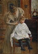 Robert Lundberg Mother cutting the hair oil on canvas